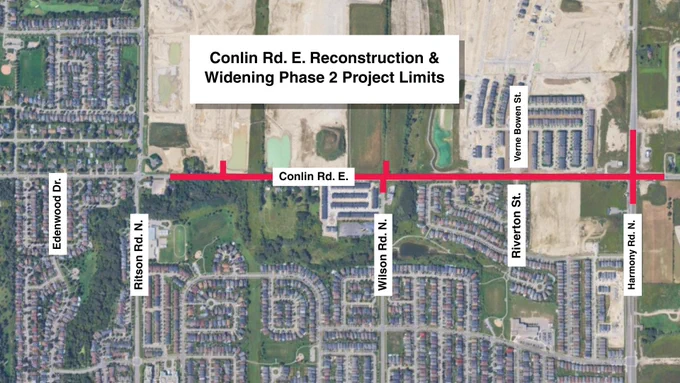 Aerial map showing Conlin Rd. E. reconstruction and widening project limits marked in red between Edgwood Dr. and Harmony Rd. N.