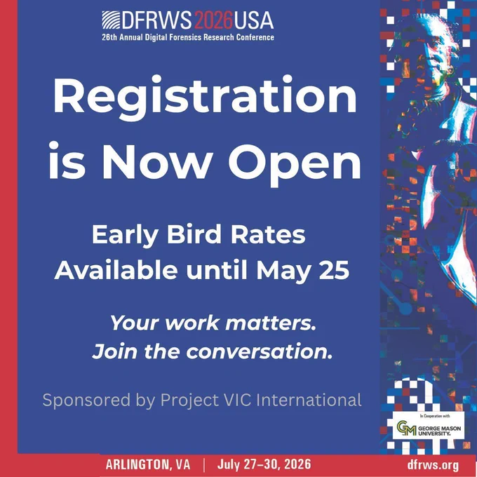 DFRWS USA 2026 
REGISTRATION is NOW OPEN

🎯 Register: https://buff.ly/4hl9PlT
👉 Programme: https://buff.ly/5R8822d 