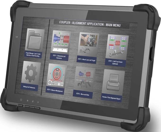 Rugged tablet showing the main menu of Couple6 Easy Guide for laser shaft alignment.