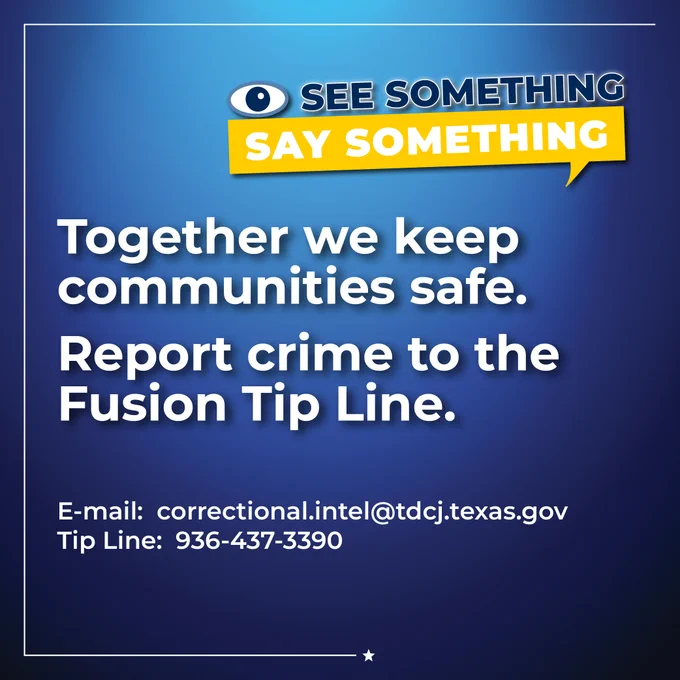 See something, say something.

A single tip can ignite action. Contact the Fusion Tip Line for contraband-related tips and keep the community safe.

936-437-3390