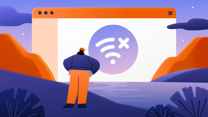 Illustration of a person standing in front of a large browser window showing a crossed-out Wi-Fi symbol, suggesting no internet connection. The scene features stylized mountains and abstract shapes in orange and purple tones, with the person looking up at the screen.
