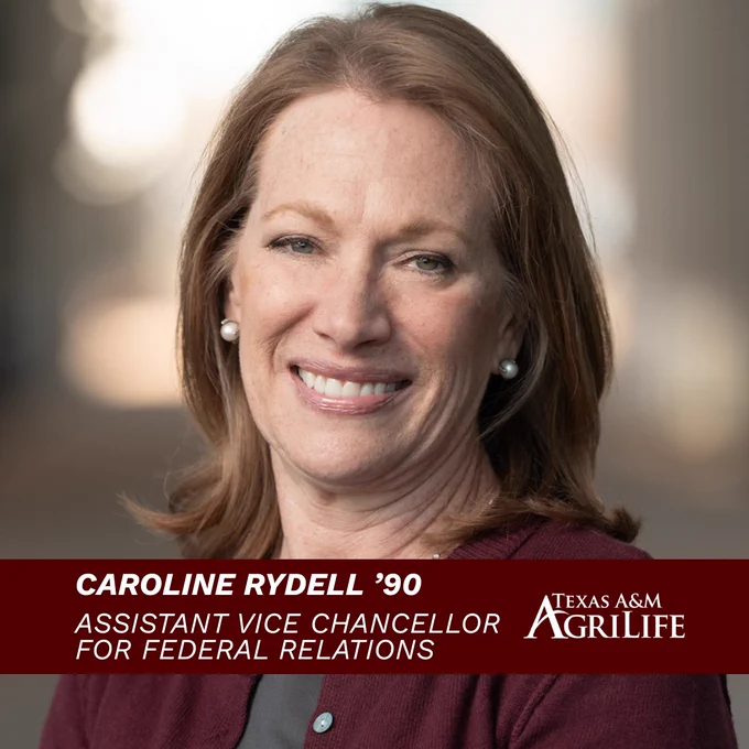A person with shoulder-length hair, smiling and wearing a maroon top. Text over the image reads: "Caroline Rydell '90, Assistant Vice Chancellor for Federal Relations, Texas A&M AgriLife.