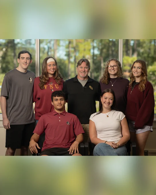 Group photo of students and faculty in FSU's actuarial science degree program. Top row, from left: Zachary Catanzariti, Cassandra Dilks, Stephen Paris, Caitlin Collier and Kannon Gailey. Bottom row, from left: Justin Marcano and Elizabeth George.