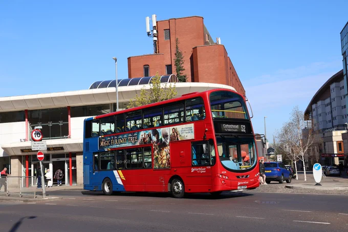 Go North East 6226 (LX60DXM) is a red and blue Volvo B9TL Gemini 2 and is pictured at Gateshead Interchange as it operates route 52 to Gateshead via Felling Square. 