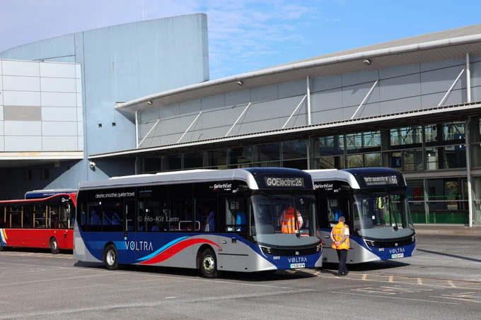 Go North East Alexander Dennis Enviro200EV 8812 (YX26KFV) and 8813 (YX26KFW) are blue, red and silver Voltra branded for service X66. 8812 has X66 MetroCentre displayed and 8813 has GoElectric26 displayed. 