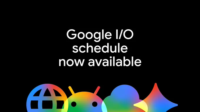Centered white text on a black background reads "Google I/O schedule now available" above a row of vibrant, multi-colored icons representing the web, Android, Google Cloud, and Gemini. The overlapping icons feature semi-transparent gradients of blue, green, yellow, orange, and red.