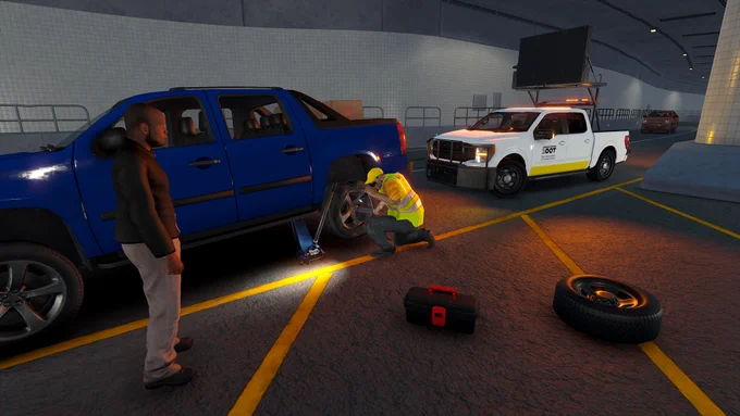 A screenshot from the game Flashing Lights showing a broken down car in a tunnel, with a department of transportation vehicle parked behind it. The driver of the broken down vehicle is stood beside his vehicle while a department of transportation employee is crouched by a car tire with a car jack, replacing the tire.
