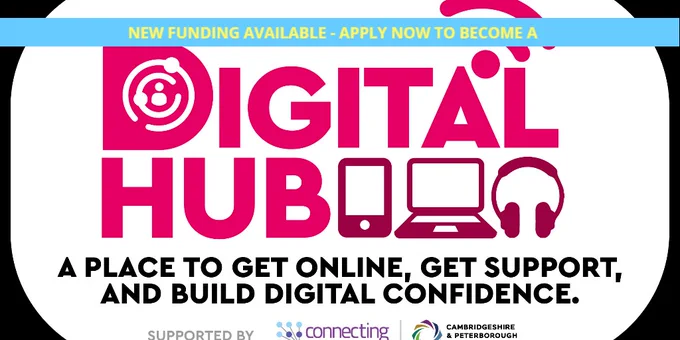 Digital Hub logo with icons of a smartphone, laptop, and headset promoting online access, support, and digital confidence building.