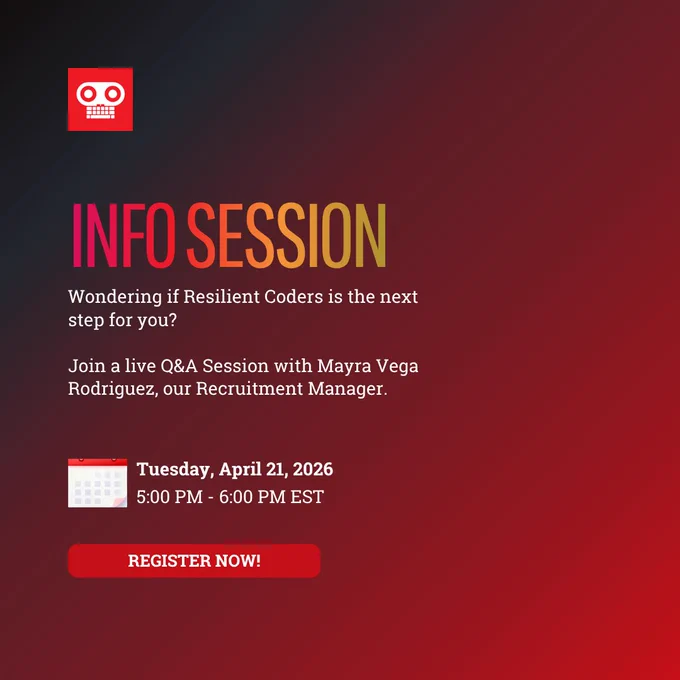 Headshot of Mayra. Text: Info session. Wondering if Resilient Coders is the next step for you? Join a live Q&A session with Mayra Vega Rodriguez, our Recruitment Manager. 