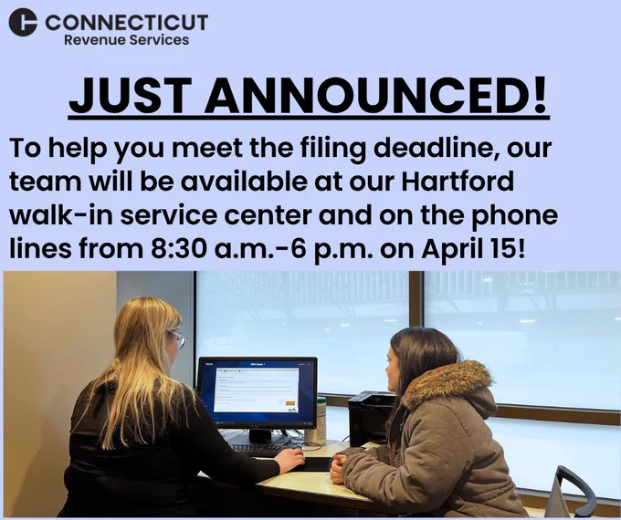 Image of DRS' Hartford walk-in service center with text promoting extended service hours tomorrow, April 15, from 8:30 a.m.-6 p.m.