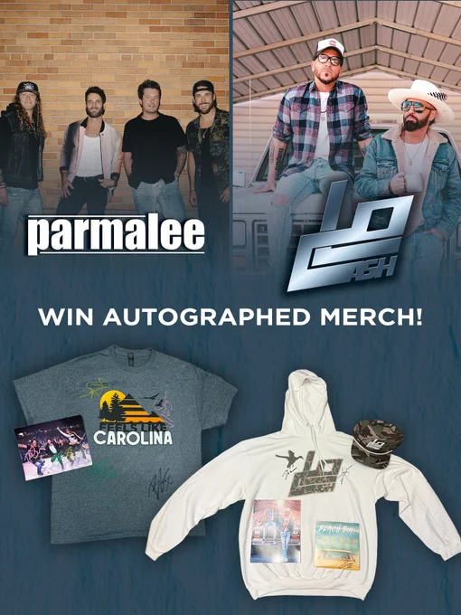 This image features two band groups, Parmalee and LOCASH, with their logos. Below them are promotional items including a signed t-shirt with "Carolina" print, a hoodie, a photo, and a cap. Text reads "Win Autographed Merch!"