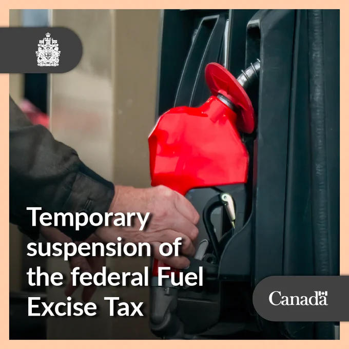 Close-up of a person holding a red gas pump nozzle. Text: Temporary suspension of the federal Fuel Excise Tax.
