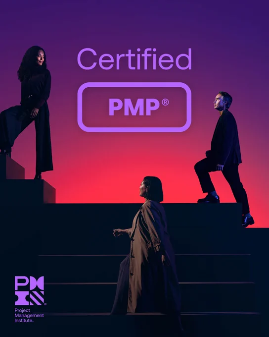 Three individuals on steps underneath the bold text "Certified PMP®," against a purple and red gradient background. The Project Management Institute logo is at the bottom left.