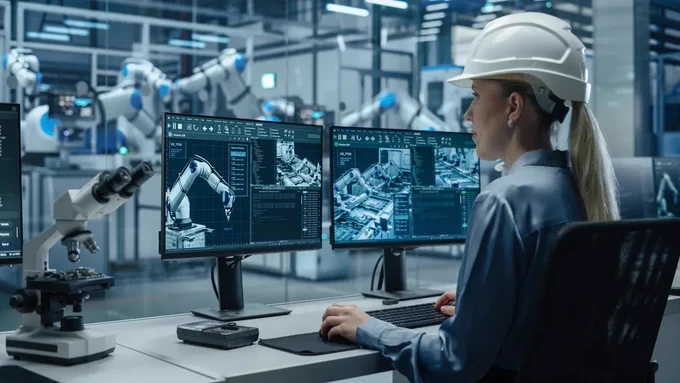 An engineer wearing a hard hat monitors robotic systems on two computer screens in a high-tech manufacturing facility. Robotic arms and laboratory equipment are visible in the background.