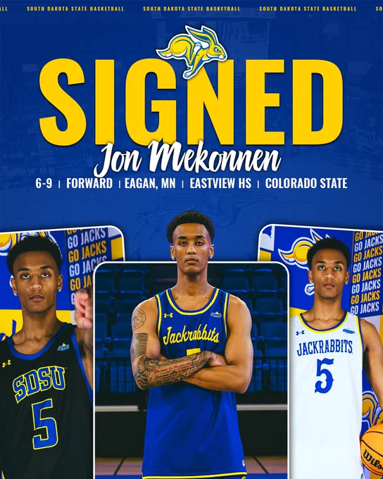 Graphic announcing a South Dakota State men’s basketball signing. Large text reads “SIGNED – Jon Mekonnen.” Supporting text lists: 6‑9 forward, Eagan, Minnesota, Eastview High School, transferring from Colorado State. The graphic includes three posed photos of the player in South Dakota State basketball uniforms with Jackrabbits branding.
