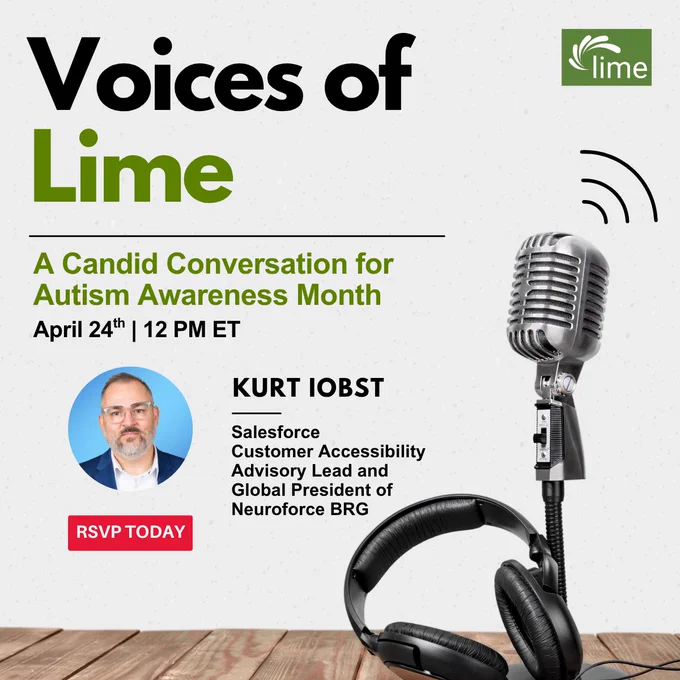 Promotional graphic for Voices of Lime event featuring Kurt Iobst discussing autism awareness on April 24th at 12 PM ET with RSVP prompt.