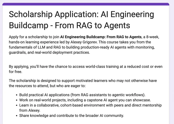 A scholarship application for an AI Engineering Buildcamp focusing on practical AI projects and mentorship under Alexey Grigorev.