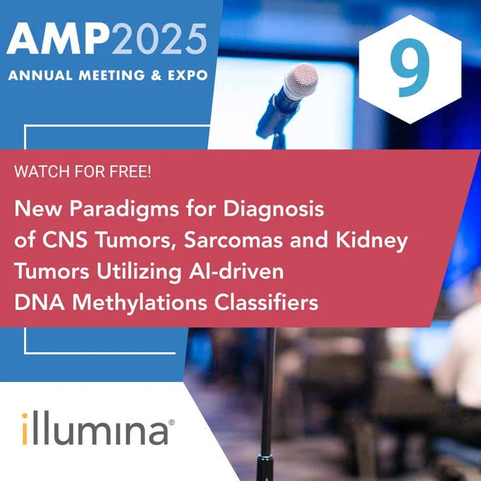Microphone on stage at AMP 2025 Annual Meeting promoting free session on AI-driven DNA methylation classifiers for CNS, sarcoma, and kidney tumors.