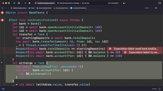 Xcode showing a test failure due to a race condition.