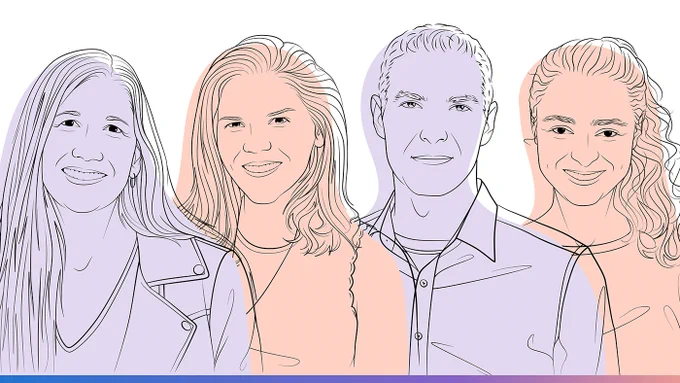 Pink and purple illustrative sketch-style image of four people standing side by side looking forward