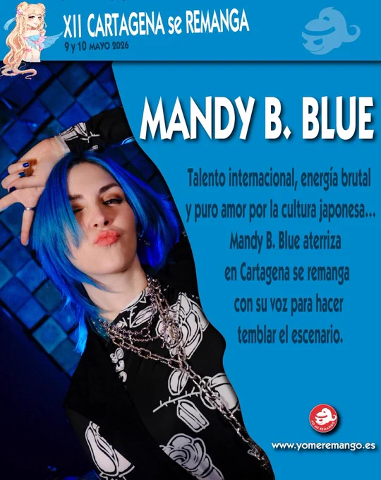A person with blue hair strikes a playful pose against a blue background, promoting Mandy B. Blue's performance at a manga event.