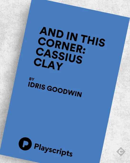Blue script cover of And In This Corner: Cassius Clay by Idris Goodwin against a marble background. 
