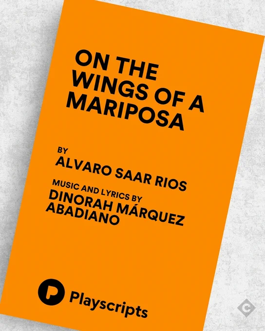 Orange script cover of On the Wings of a Mariposa by Alvaro Saar Rios with music and lyrics by Dinorah Márquez Abadiano against a marble background. 