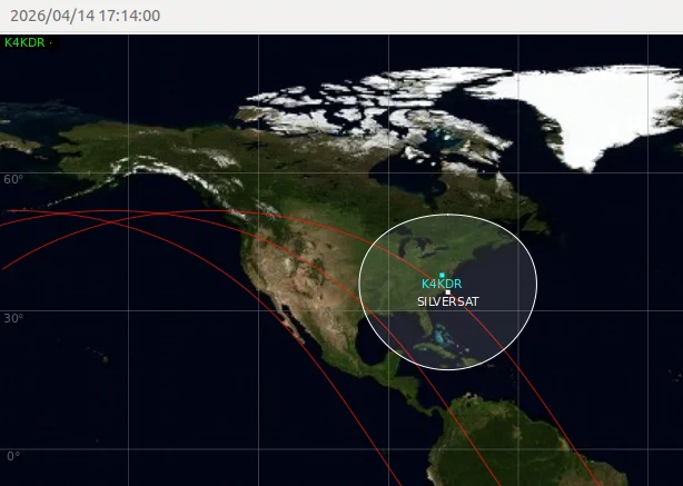 SilverSat orbit in GPredict tracking NW-to-SE over the Eastern U.S.