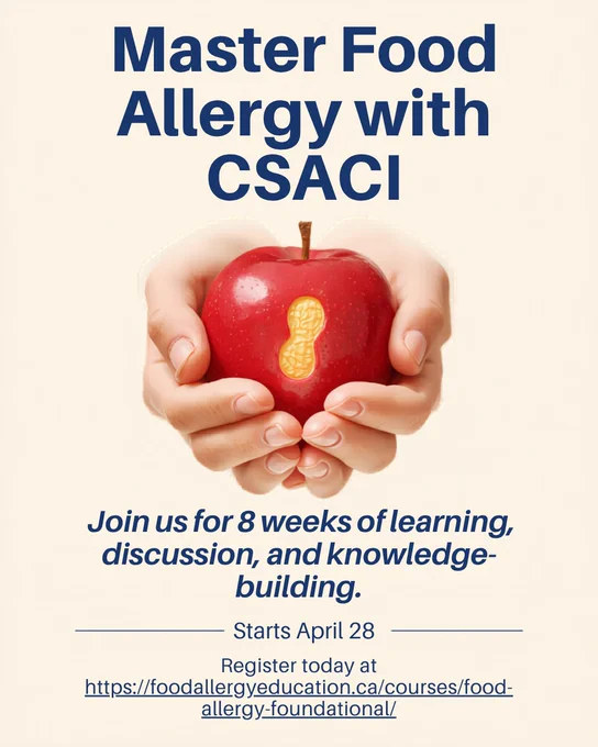 The course consists of 8 weeks of classes, delivered via Zoom and a final online post-test.  This foundational program is offered annually, starting Apr 28, 2026 and ending Jun 23, 2026. https://foodallergyeducation.ca/courses/food-allergy-foundational/