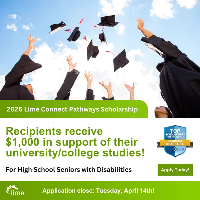  A flyer promoting the 2026 Lime Connect Pathways Scholarship with graduates tossing their caps in the air