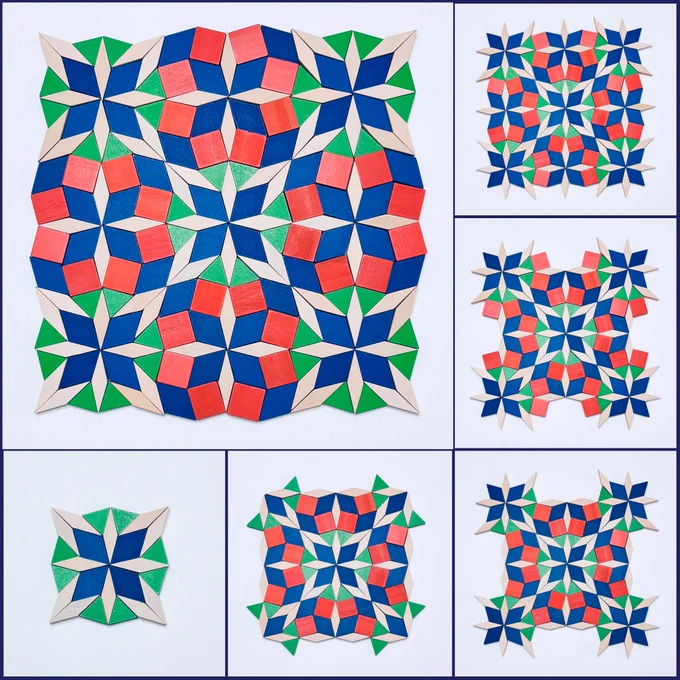 The top left main image shows a square-like geometric design created with pattern blocks.  At the center is a flower-like arrangement made of four blue and four tan rhombuses surrounded by eight green triangles and eight tan rhombuses. This ‘flower’ arrangement is then repeated in the four corners. Around its center are arrangements made of four blue and four tan rhombuses surrounded by eight orange squares. The images along the bottom and on the right show the progression of the design.