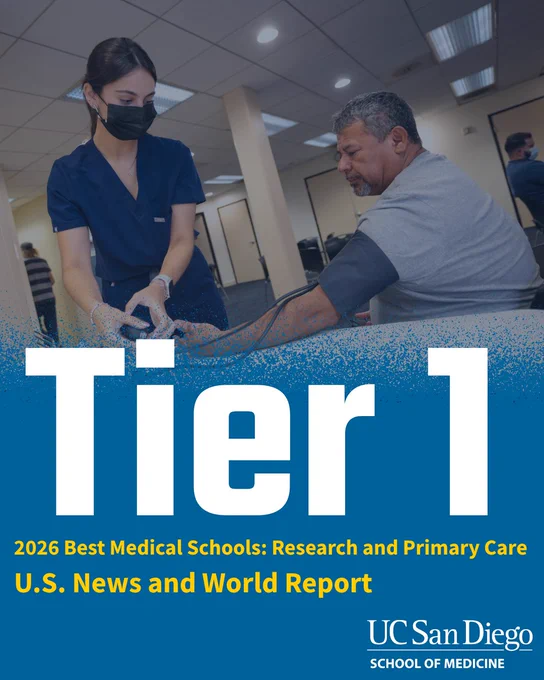 Image description: Hannah Manoochehri, pre-medical student volunteer, checks patient Manuel Rubio-Rodriguez’s vitals before his appointment at the UC San Diego Student-Run Free Clinic Project. The caption reads, "Tier 1: 2026 Best Medical Schools: Research and Primary Care. U.S. News and World Report"
