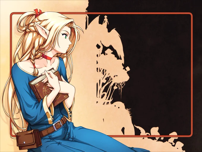 An illustration of Marcille Donato from Dunmeshi. The pose and composition is based on one of the ending slides from the Record of Lodoss War OVA, with Marcille taking the place of Deedlit.