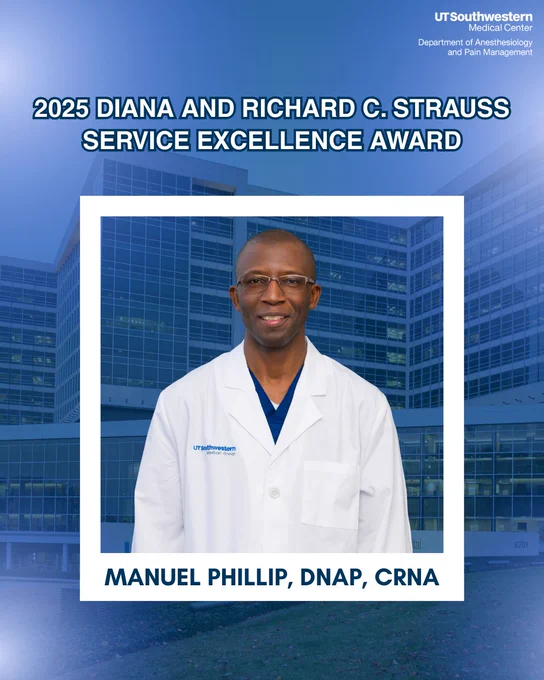 Headshot of Manuel Phillip, DNAP, CRNA with text, "2025 Diana and Richard C. Strauss Service Excellence Award"