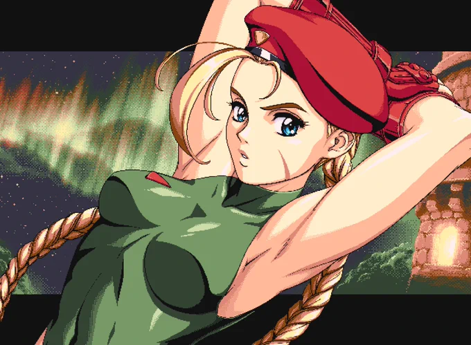 An illustration of Cammy White from Street Fighter 2 in the limited color style of PC-98 graphics. Inspired by her Super Street Fighter 2 portrait.