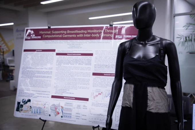 Event photo depicting a research poser and mannequin.