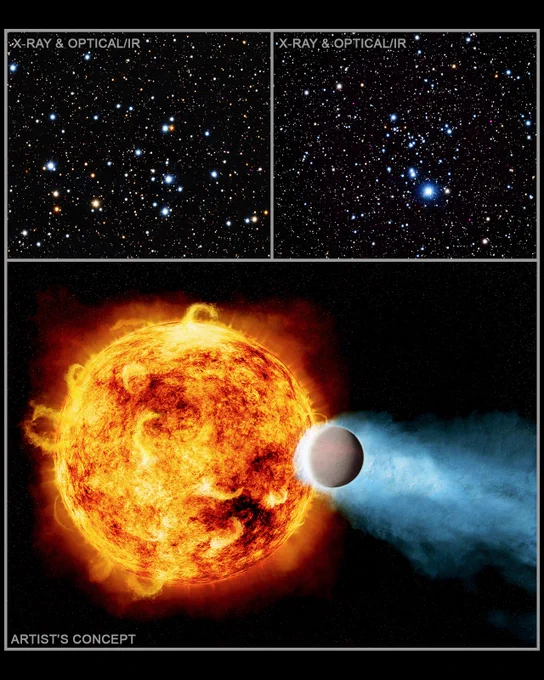 This image features two composite images and an artist's illustration. Each composite image shows a different star cluster packed with countless glowing specks of light. The illustration depicts the effects of a young Sun-like star's high energy radiation on the atmosphere of an orbiting planet.

Composite images: the blackness of space is blanketed in white, blue, orange, purple, and golden yellow dots. Some of the dots are in the foreground, while others are background stars. Many in the middle-ground are clustered Sun-like stars being observed in the Chandra study. Some of the stars in the foreground appear as gleaming dots with glowing halos and occasional diffraction spikes, while the background stars are smaller and fainter.

Illustration: a massive ball of churning fire, a young Sun-like star, occupies the left half of the photorealistic graphic. At its right is an orbiting planet, a relatively small, pale sphere, shedding its atmosphere, shown as a wake of faint blue mist.