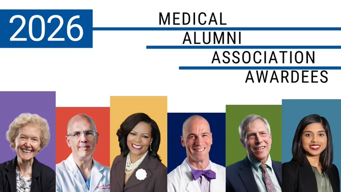 This image features six individuals, each against a different colored background, representing the Medical Alumni Association Awardees for 2026.