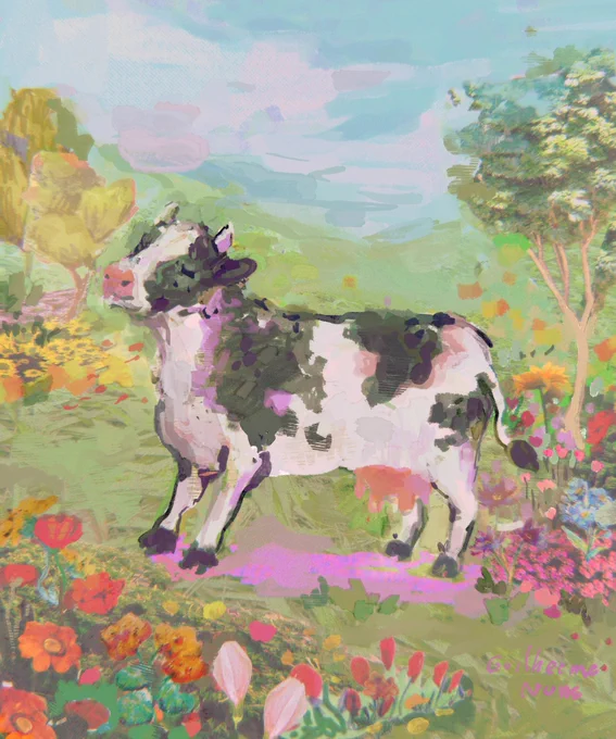 painting of a cow in a flowery field