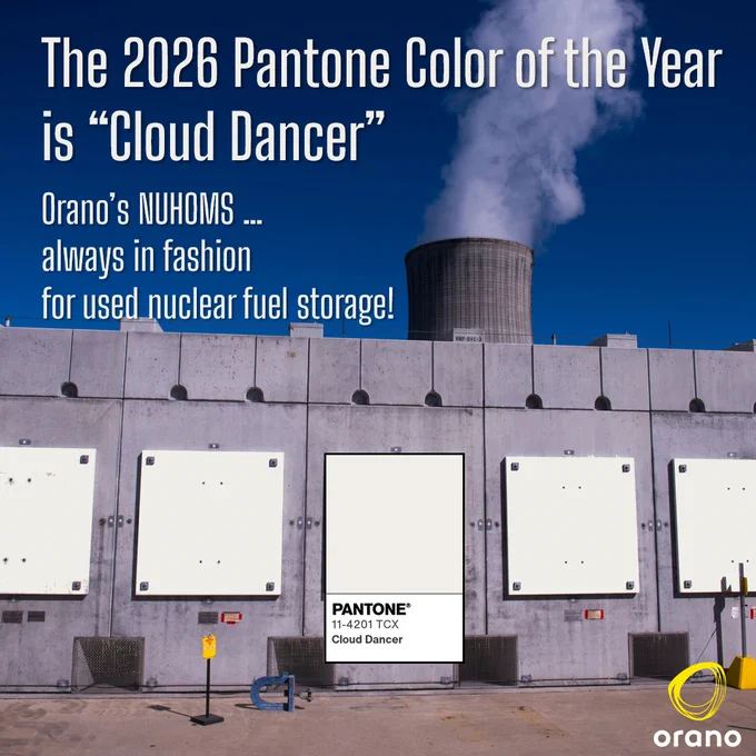 Photo of an Orano NUHOMS nuclear fuel dry storage system with one of its square covers overlayed by a square color swatch highlighting the similarity with Pantone's Color of the Year "Cloud Dancer"