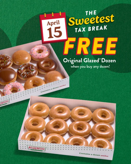Offer available 4/15/26 only at participating U.S. Krispy Kreme shops only and is subject to product availability. See full terms at www.krispykreme.com/offers