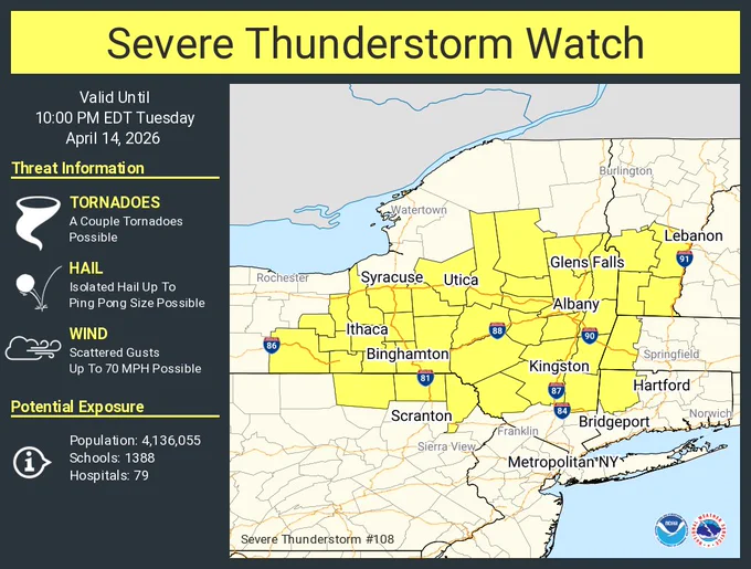 This graphic displays Severe Thunderstorm watch number 108 plotted on a map. The watch is in effect until 10:00 PM EDT. The watch includes parts of Connecticut, Massachusetts, New York, Pennsylvania and Vermont. The threats associated with this watch are a couple tornadoes possible, isolated hail up to ping pong size possible and scattered gusts up to 70 mph possible. There are 4,136,055 people in the watch along with 1388 schools and 79 hospitals.