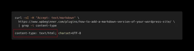 Screenshot of curl output for testing text/markdown Accept Header against the wpbeginner.com blog