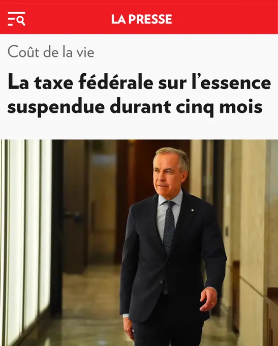 Capture d'écran d'un article de La Presse. Le titre se lit comme suit : La taxe fédérale sur l'essence suspendue durant cinq mois.