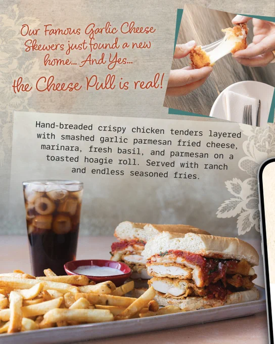 A promotional image for garlic cheese skewers and chicken tenders. The top shows hands pulling apart garlic cheese skewers with melted cheese. Text reads: "Our Famous Garlic Cheese Skewers just found a new home... And Yes... the Cheese Pull is real!" Below is a meal featuring hand-breaded crispy chicken tenders on a hoagie roll with marinara, smashed garlic parmesan fried cheese, fresh basil, and parmesan, served with seasoned fries and a soft drink.