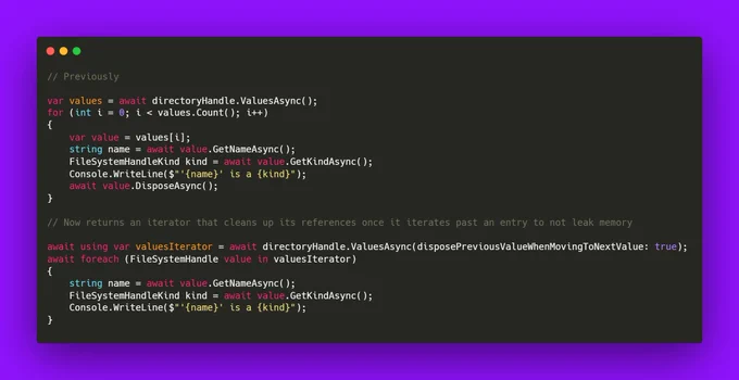 Code showing the comparison between the previous way to iterate over the files and directories in a directory and the new way to do the same, while keeping closer to the specification and making it easier not to leak memory.