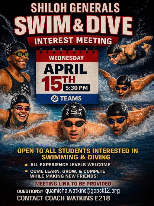 Swimming meeting on April 15th at 5:30 pm on Teams. 