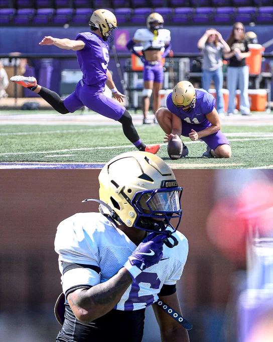 Patrick Rea holds for Morgan Suarez (top) on a field goal attempt and TJ McGill pre-snap during Tuesday's scrimmage.