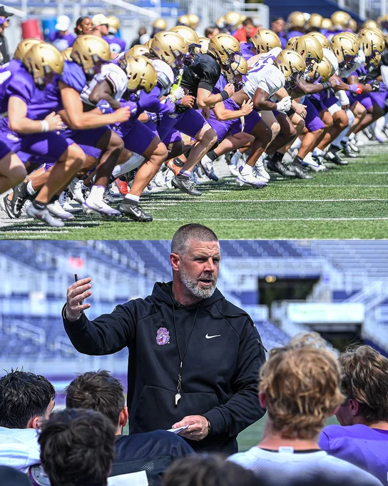 The team runs sprints (top) and Billy Napier (bottom) talks to the team following Tuesday's scrimmage.