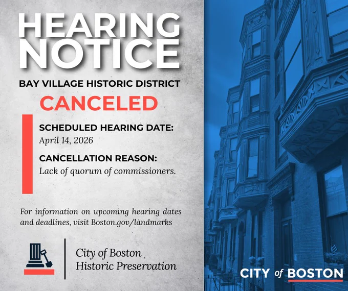 Notice of cancellation for Bay Village Historic District hearing originally set for April 14, 2026, due to lack of quorum of commissioners.